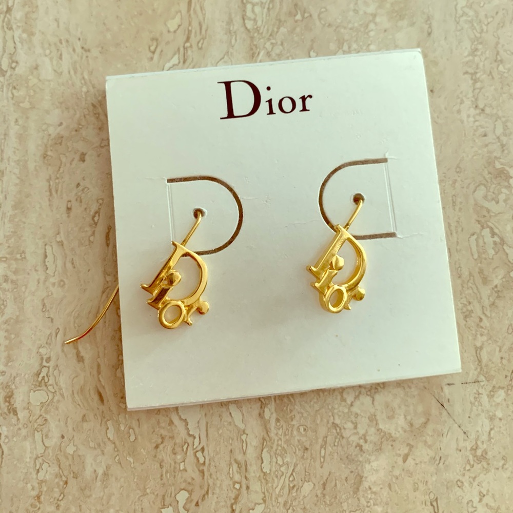 Dior Gold Logo Dangle Hook Earrings